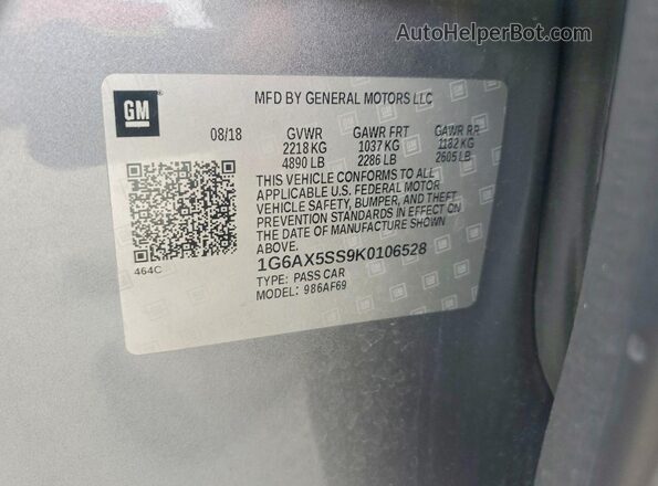 1G6AX5SS9K0106528 2019 CADILLAC CTS Silver VIN კოდის სტიკერის ხედი
