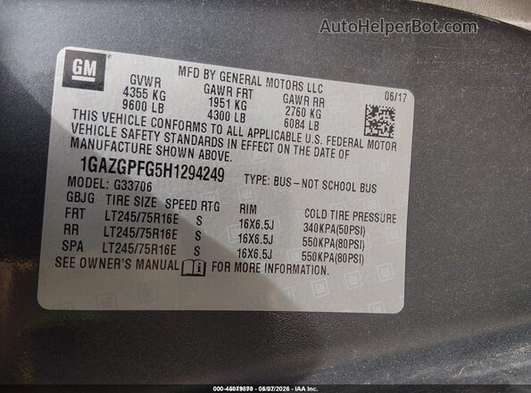 1GAZGPFG5H1294249 2017 CHEVROLET EXPRESS Gray Widok komory silnika