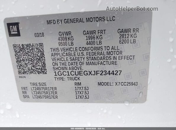 1GC1CUEGXJF234427 2018 CHEVROLET SILVERADO Белый Вид подкапотного пространства