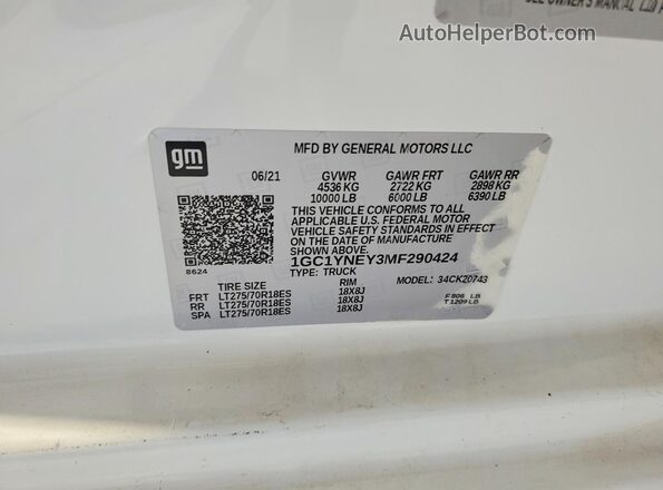 1GC1YNEY3MF290424 2021 CHEVROLET SILVERADO White Vista del compartimento del motor