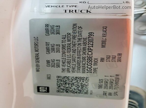 1GCGSBECXP1230799 2023 CHEVROLET COLORADO White Вид наклейки з VIN-кодом