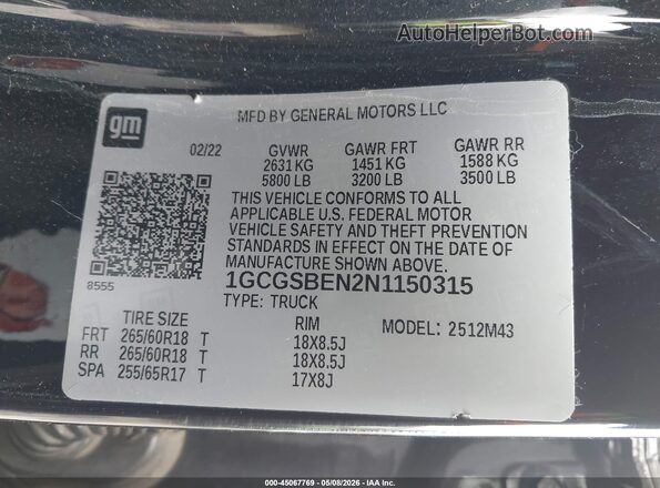 1GCGSBEN2N1150315 2022 CHEVROLET COLORADO Черный Вид подкапотного пространства