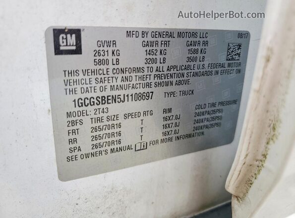 1GCGSBEN5J1108697 2018 CHEVROLET COLORADO White Вид наклейки з VIN-кодом