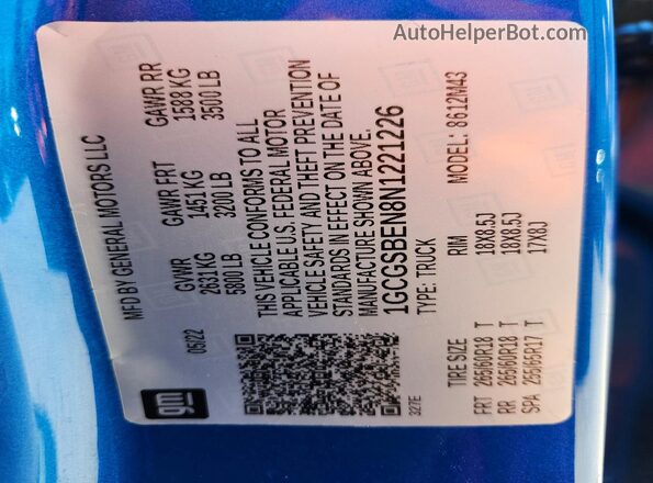 1GCGSBEN8N1221226 2022 CHEVROLET COLORADO Синий Вид наклейки с VIN-кодом