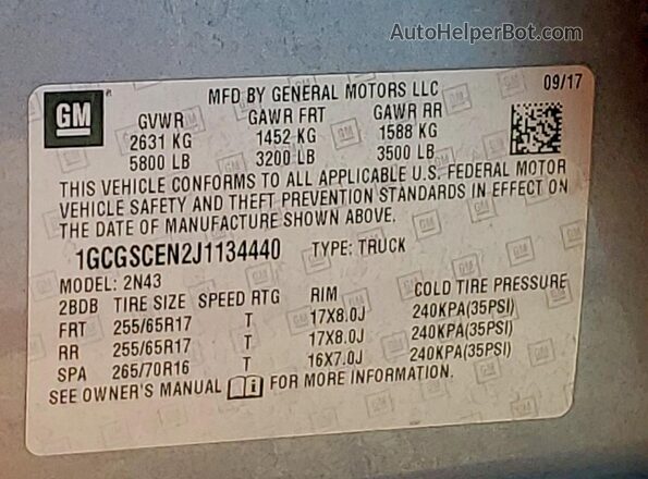1GCGSCEN2J1134440 2018 CHEVROLET COLORADO Угольный Вид наклейки с VIN-кодом