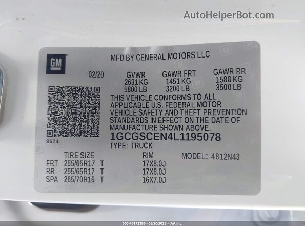 1GCGSCEN4L1195078 2020 CHEVROLET COLORADO White Vista del compartimento del motor