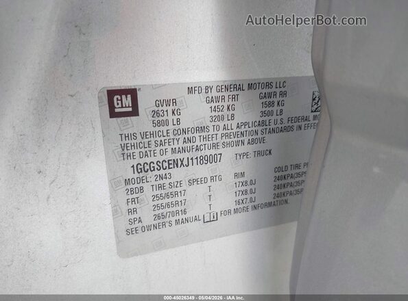 1GCGSCENXJ1189007 2018 CHEVROLET COLORADO Silver Widok komory silnika
