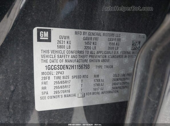 1GCGSDEN2H1156793 2017 CHEVROLET COLORADO Black Vista del compartimento del motor