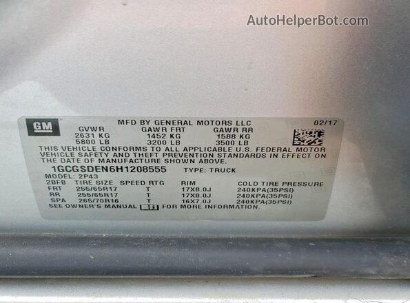 1GCGSDEN6H1208555 2017 CHEVROLET COLORADO Silver Vista del compartimento del motor