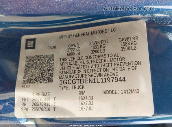 1GCGTBEN1L1197944 2020 CHEVROLET COLORADO Синий Вид подкапотного пространства