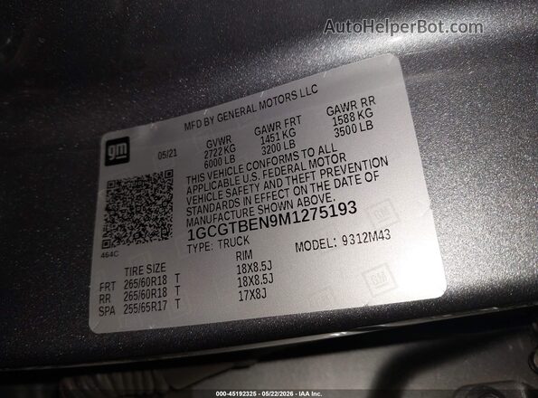 1GCGTBEN9M1275193 2021 CHEVROLET COLORADO Серый Вид подкапотного пространства