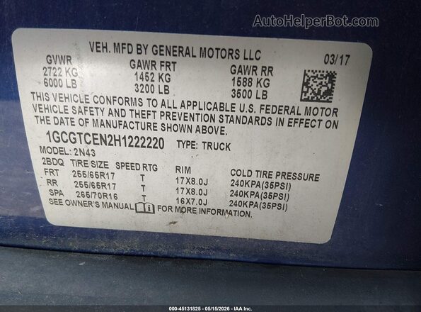 1GCGTCEN2H1222220 2017 CHEVROLET COLORADO Blue Widok komory silnika