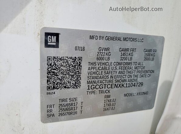 1GCGTCENXK1104729 2019 CHEVROLET COLORADO White Widok komory silnika