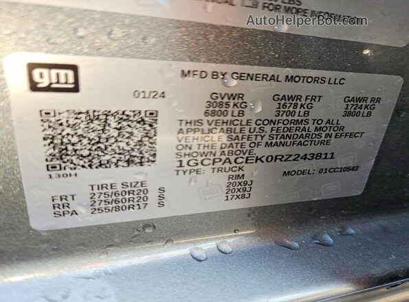 1GCPACEK0RZ243811 2024 CHEVROLET SILVERADO Silver Widok naklejki z numerem VIN