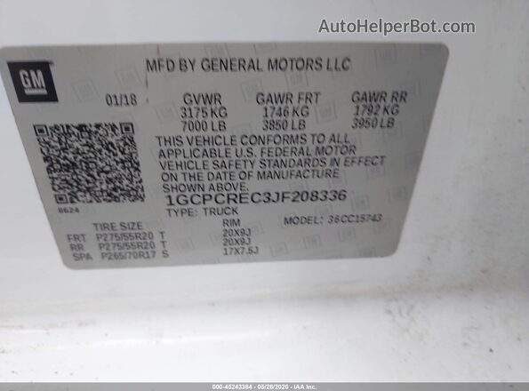 1GCPCREC3JF208336 2018 CHEVROLET SILVERADO Белый Вид подкапотного пространства
