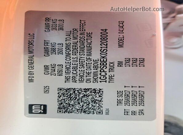 1GCPSBEK0S1208004 2025 CHEVROLET COLORADO Белый Вид наклейки с VIN-кодом