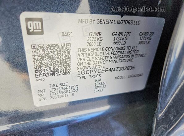 1GCPYCEF4MZ302835 2021 CHEVROLET SILVERADO Charcoal Vista de la etiqueta del VIN