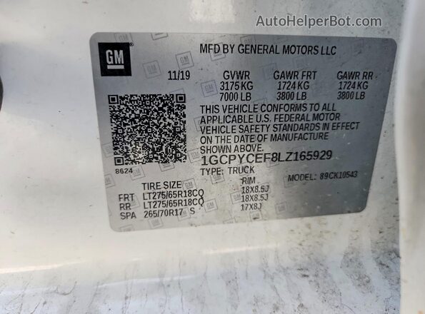 1GCPYCEF8LZ165929 2020 CHEVROLET SILVERADO White VIN կոդի պիտակի տեսք