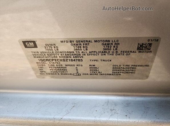 1GCRCPECXGZ184783 2016 CHEVROLET SILVERADO Silver Вид наклейки з VIN-кодом