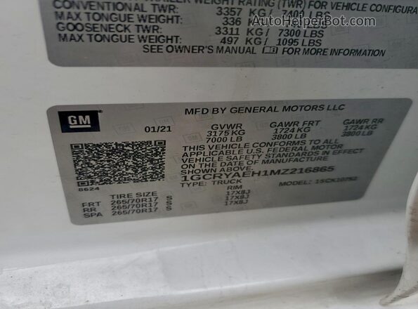 1GCRYAEH1MZ216865 2021 CHEVROLET SILVERADO White Вид підкапотного простору