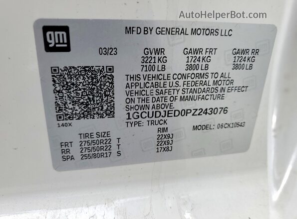 1GCUDJED0PZ243076 2023 CHEVROLET SILVERADO White Вид наклейки з VIN-кодом