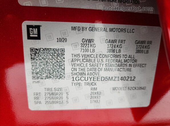 1GCUYEED5MZ140212 2021 CHEVROLET SILVERADO Красный Вид наклейки с VIN-кодом
