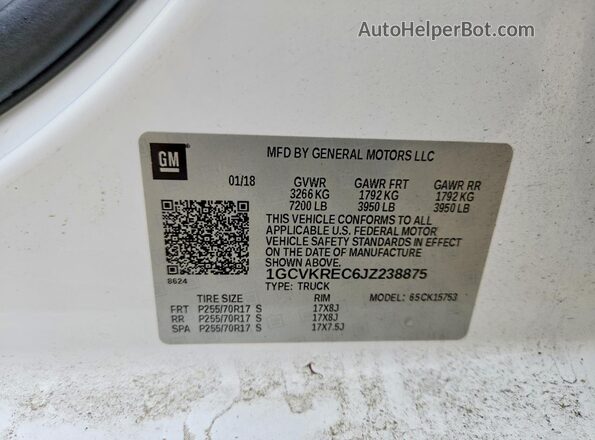 1GCVKREC6JZ238875 2018 CHEVROLET SILVERADO Белый Вид наклейки с VIN-кодом