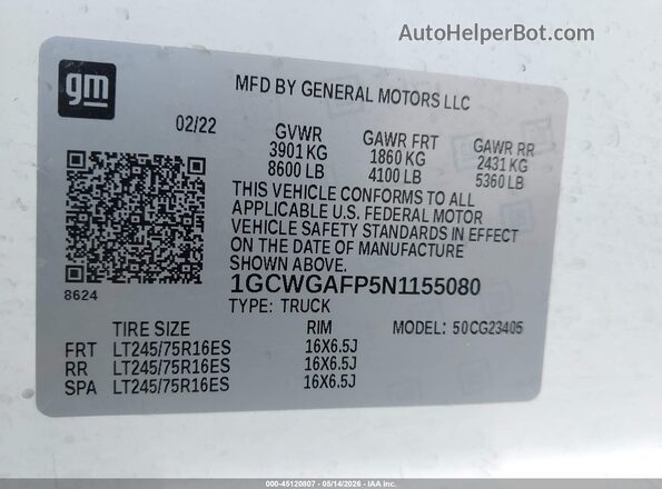 1GCWGAFP5N1155080 2022 CHEVROLET EXPRESS White Widok komory silnika