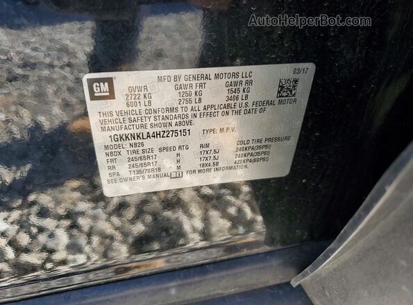 1GKKNKLA4HZ275151 2017 GMC ACADIA Black Vista de la etiqueta del VIN