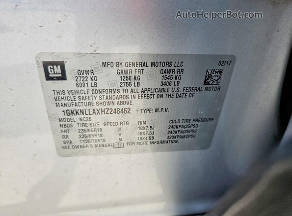 1GKKNLLAXHZ248462 2017 GMC ACADIA Silver Vista interior de 360 grados