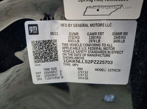 1GKKNLLS2PZ225703 2023 GMC ACADIA Черный Вид наклейки с VIN-кодом