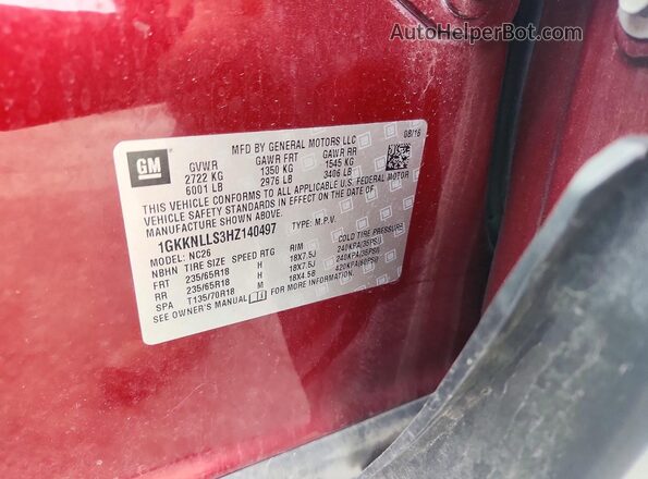 1GKKNLLS3HZ140497 2017 GMC ACADIA Красный Вид наклейки с VIN-кодом