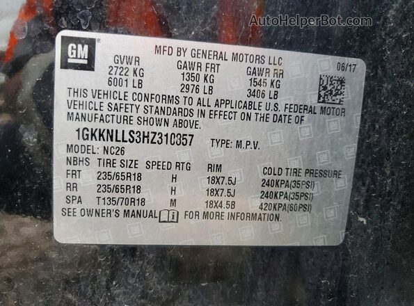 1GKKNLLS3HZ310857 2017 GMC ACADIA Black Widok naklejki z numerem VIN