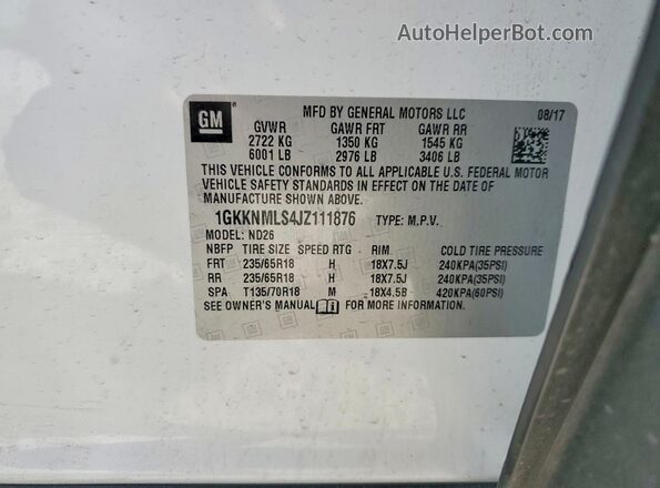 1GKKNMLS4JZ111876 2018 GMC ACADIA Белый Вид наклейки с VIN-кодом