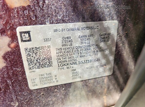 1GKKNNLS5JZ181845 2018 GMC ACADIA Burgundy Widok naklejki z numerem VIN