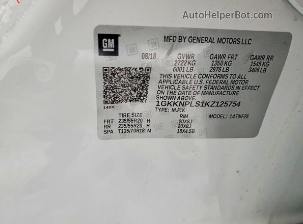 1GKKNPLS1KZ125754 2019 GMC ACADIA White Widok wnętrza 360 stopni