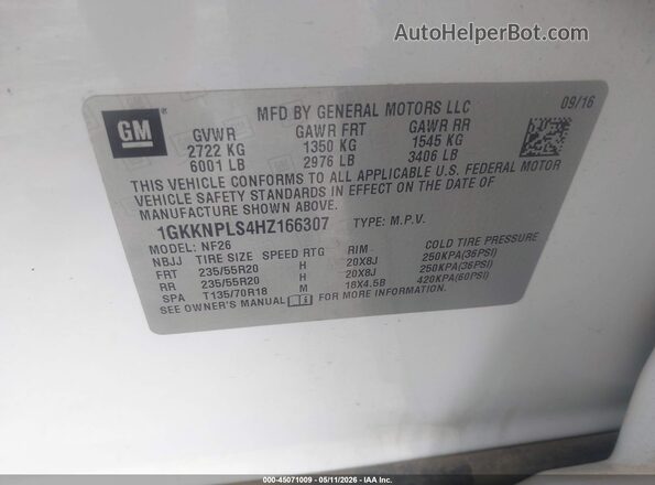 1GKKNPLS4HZ166307 2017 GMC ACADIA Белый Вид подкапотного пространства