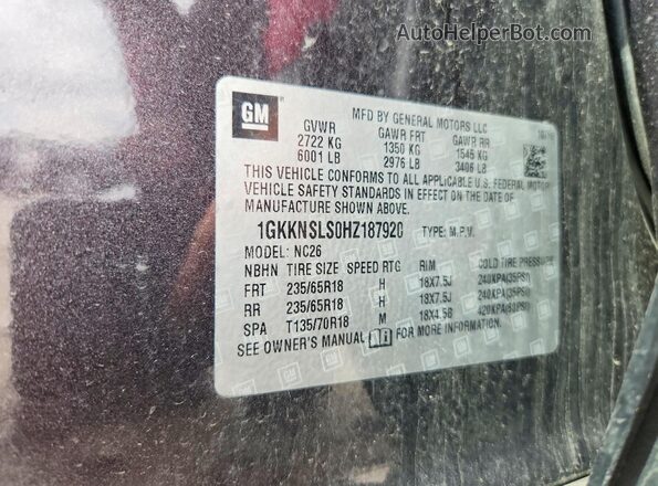 1GKKNSLS0HZ187920 2017 GMC ACADIA Gray Widok naklejki z numerem VIN