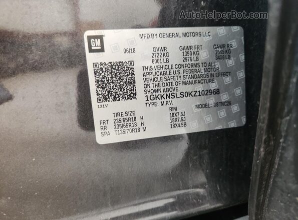 1GKKNSLS0KZ102968 2019 GMC ACADIA Gray Widok wnętrza 360 stopni
