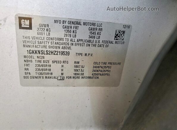 1GKKNSLS2HZ219539 2017 GMC ACADIA Серебряный Вид подкапотного пространства