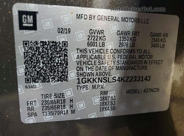 1GKKNSLS4KZ233143 2019 GMC ACADIA Желто-коричневый Вид наклейки с VIN-кодом