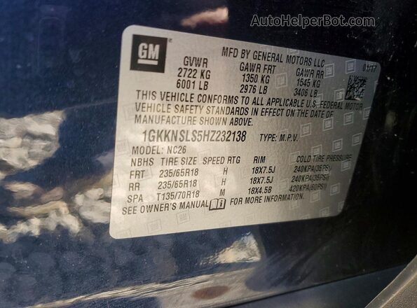 1GKKNSLS5HZ232138 2017 GMC ACADIA Синий Вид наклейки с VIN-кодом