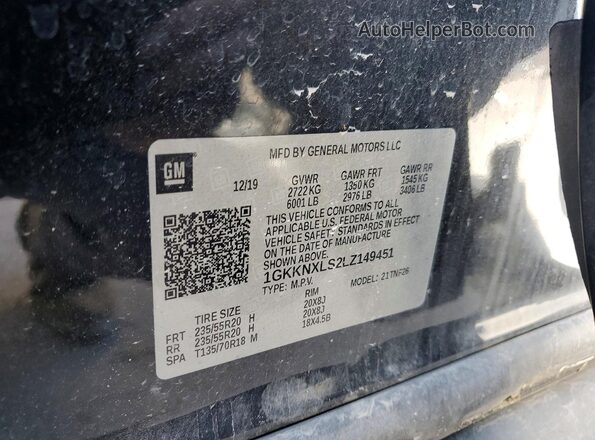 1GKKNXLS2LZ149451 2020 GMC ACADIA Black Widok naklejki z numerem VIN