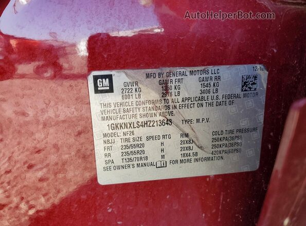 1GKKNXLS4HZ213643 2017 GMC ACADIA Красный Вид наклейки с VIN-кодом