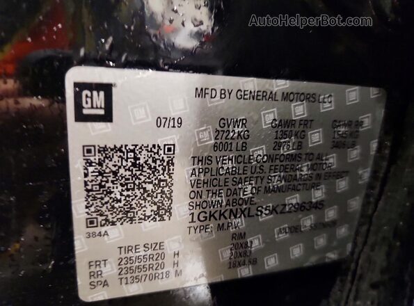 1GKKNXLS5KZ296345 2019 GMC ACADIA Black VIN კოდის სტიკერის ხედი