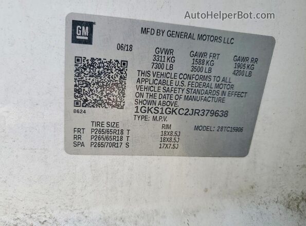 1GKS1GKC2JR379638 2018 GMC YUKON Белый Вид наклейки с VIN-кодом