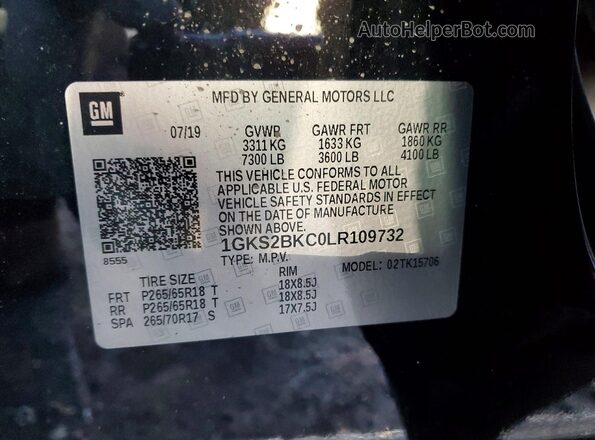 1GKS2BKC0LR109732 2020 GMC YUKON Черный Вид наклейки с VIN-кодом