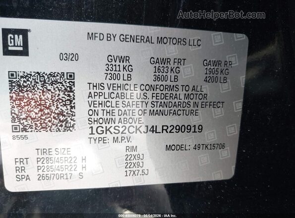 1GKS2CKJ4LR290919 2020 GMC YUKON Черный Вид подкапотного пространства