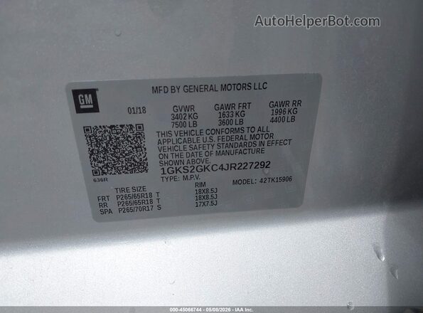 1GKS2GKC4JR227292 2018 GMC YUKON Серебряный Вид подкапотного пространства