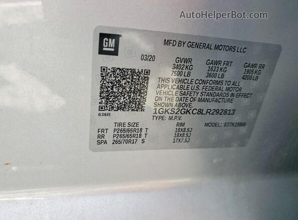 1GKS2GKC8LR292813 2020 GMC YUKON Серебряный Вид наклейки с VIN-кодом